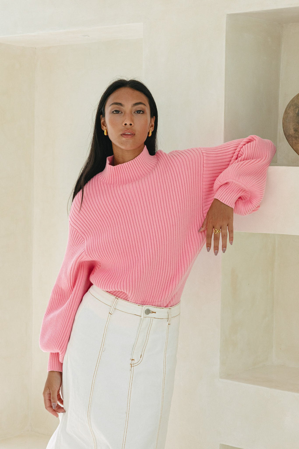 Pink Balloon Sleeve Knit Sweater