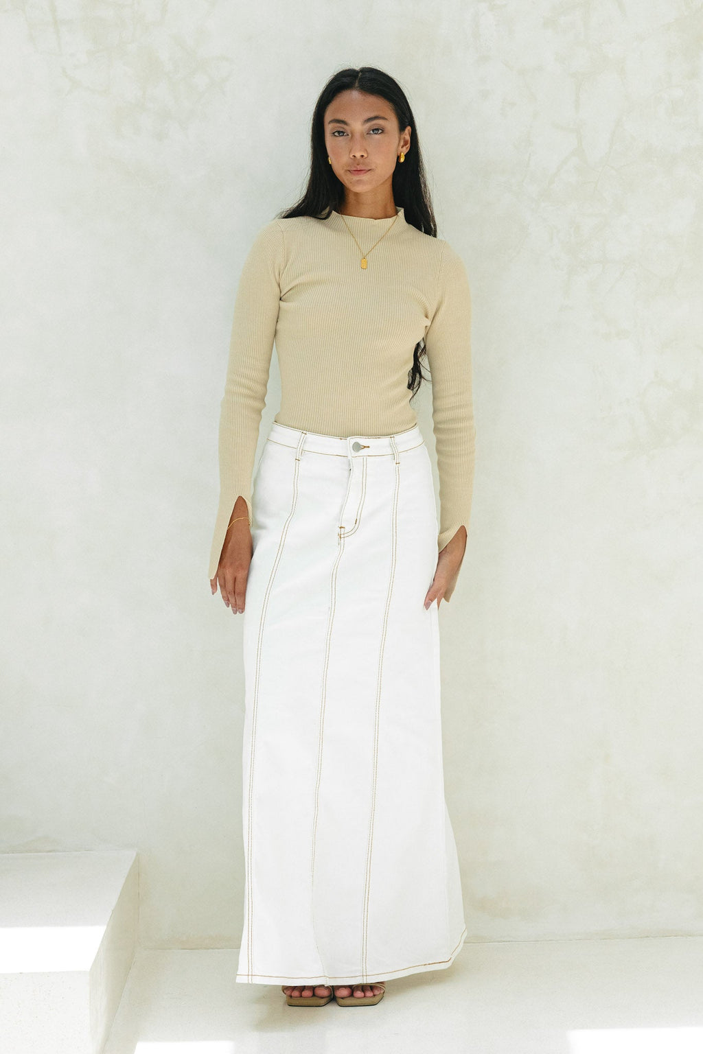 Beige Long Sleeve Knit Top