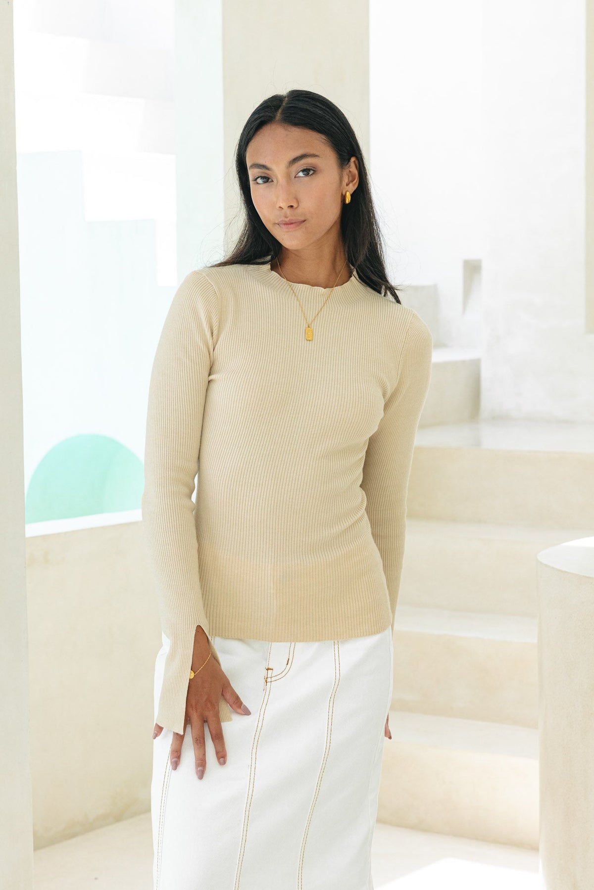 Beige Long Sleeve Knit Top