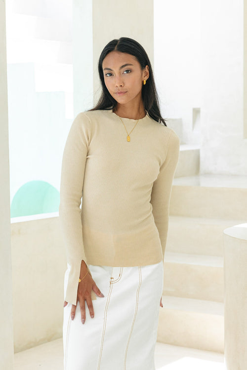 Beige Long Sleeve Knit Top