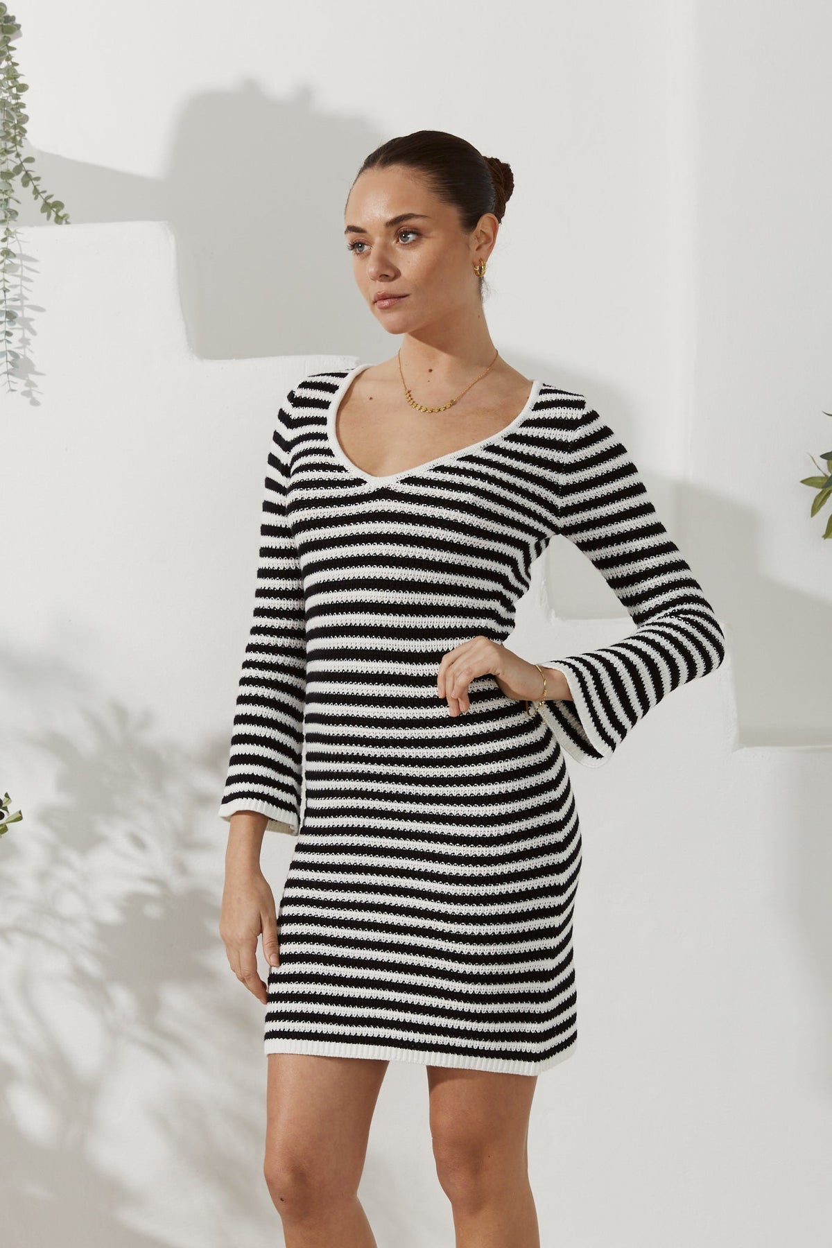 Black White Stripe Knit Mini Dress