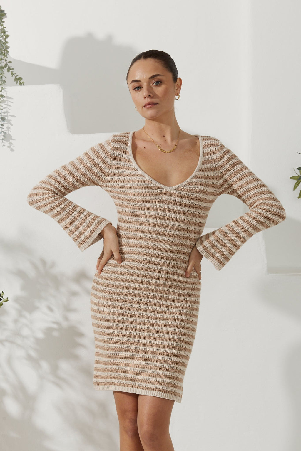 Beige Stripe Knit Mini Dress