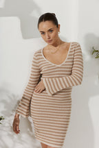 Beige Stripe Knit Mini Dress