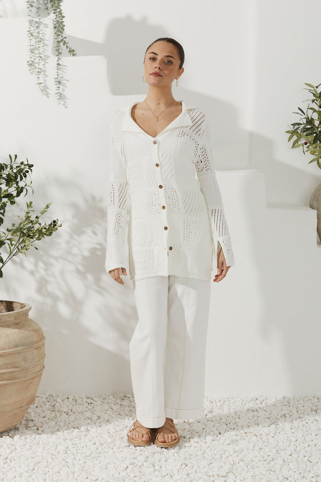 White Crochet Knit Cardigan