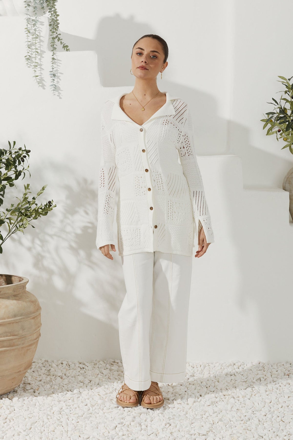 White Crochet Knit Cardigan