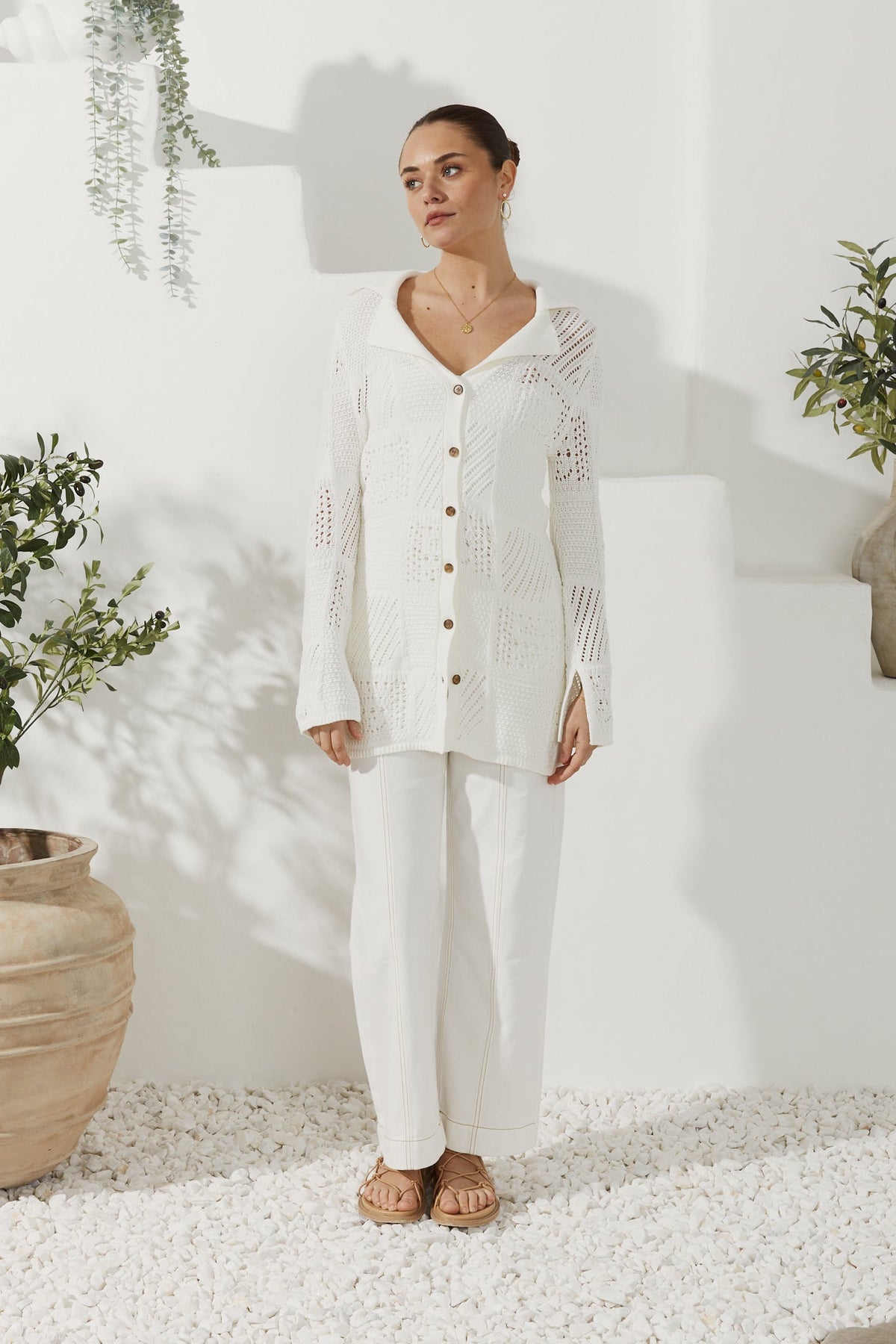 White Crochet Knit Cardigan