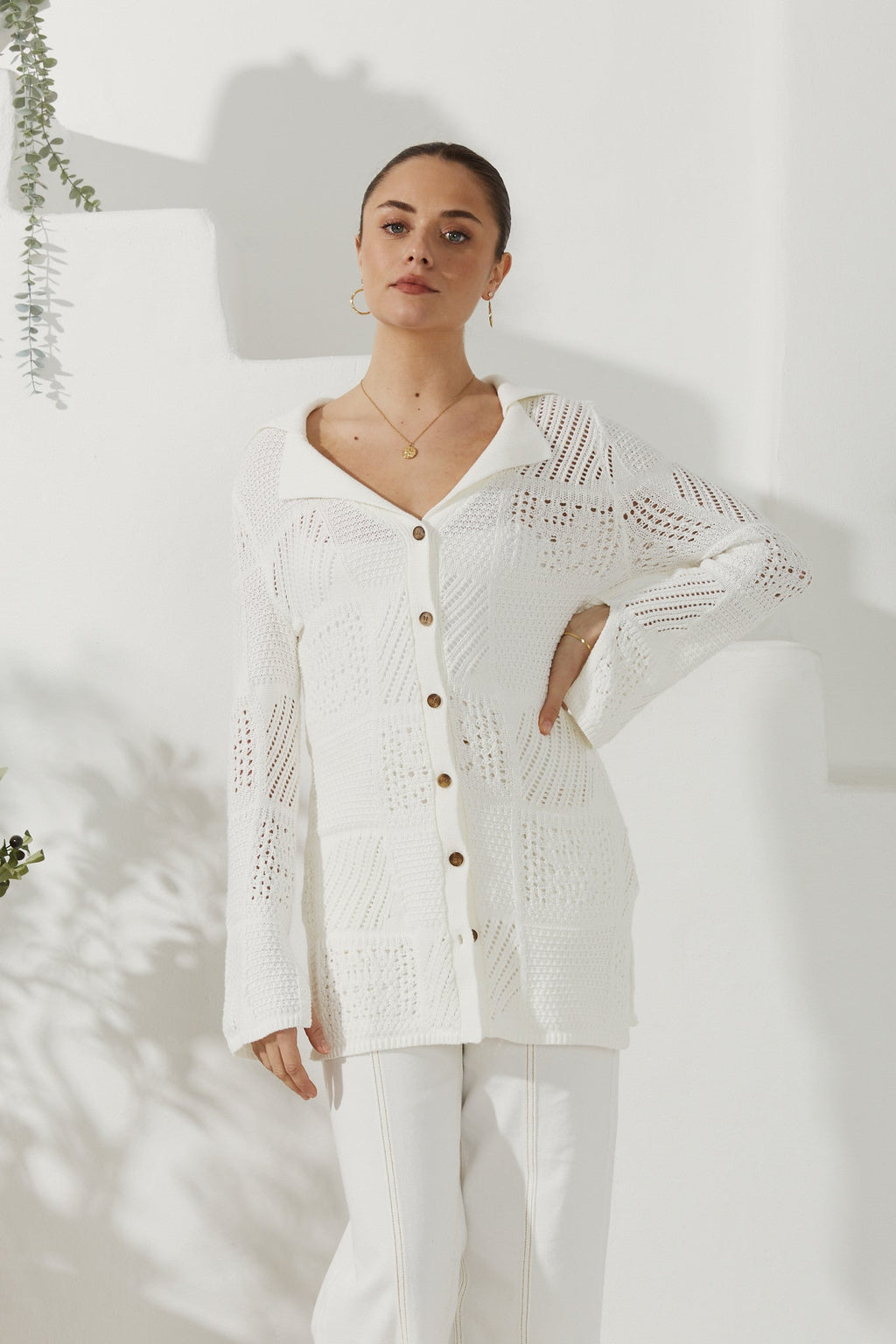 White Crochet Knit Cardigan