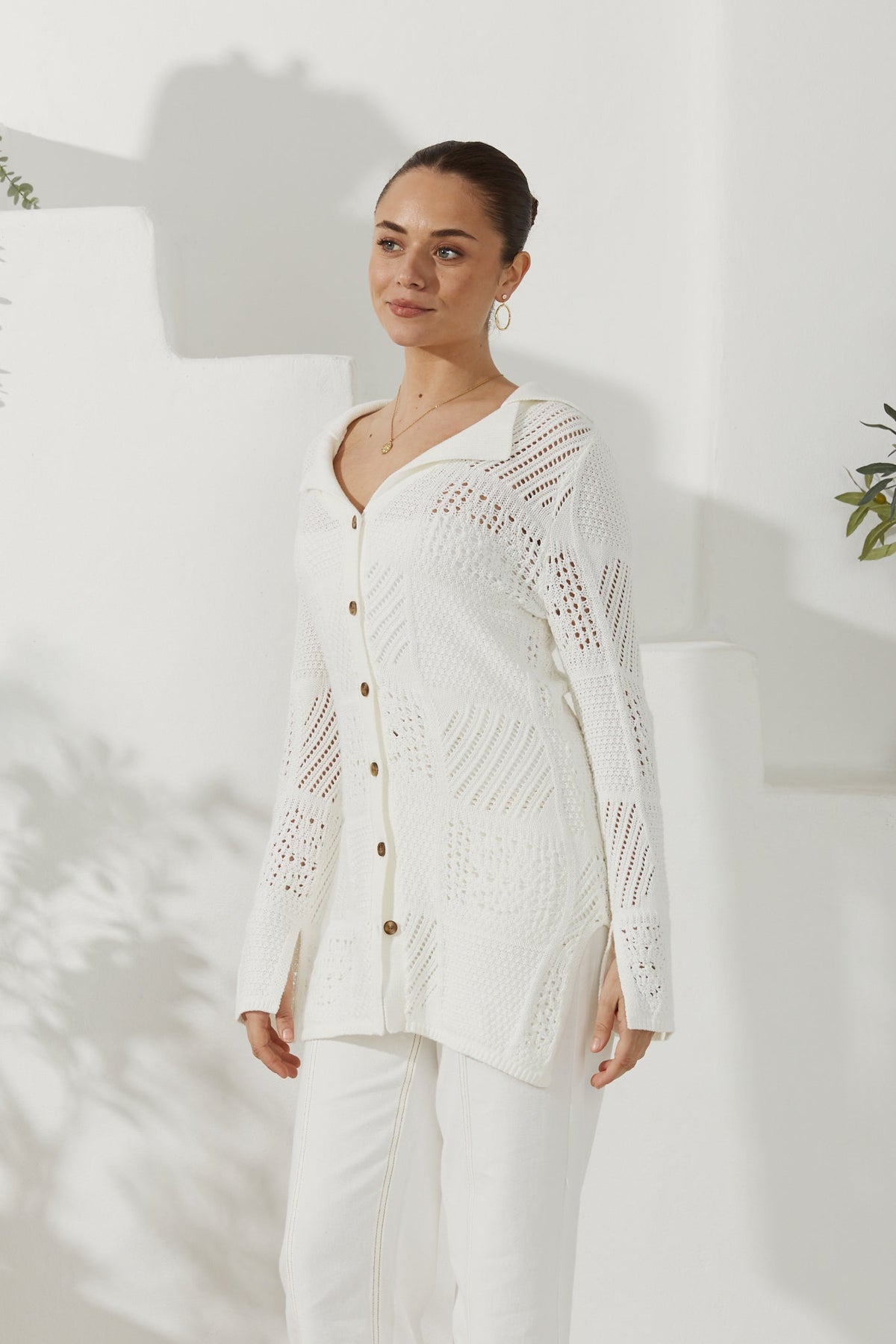White Crochet Knit Cardigan