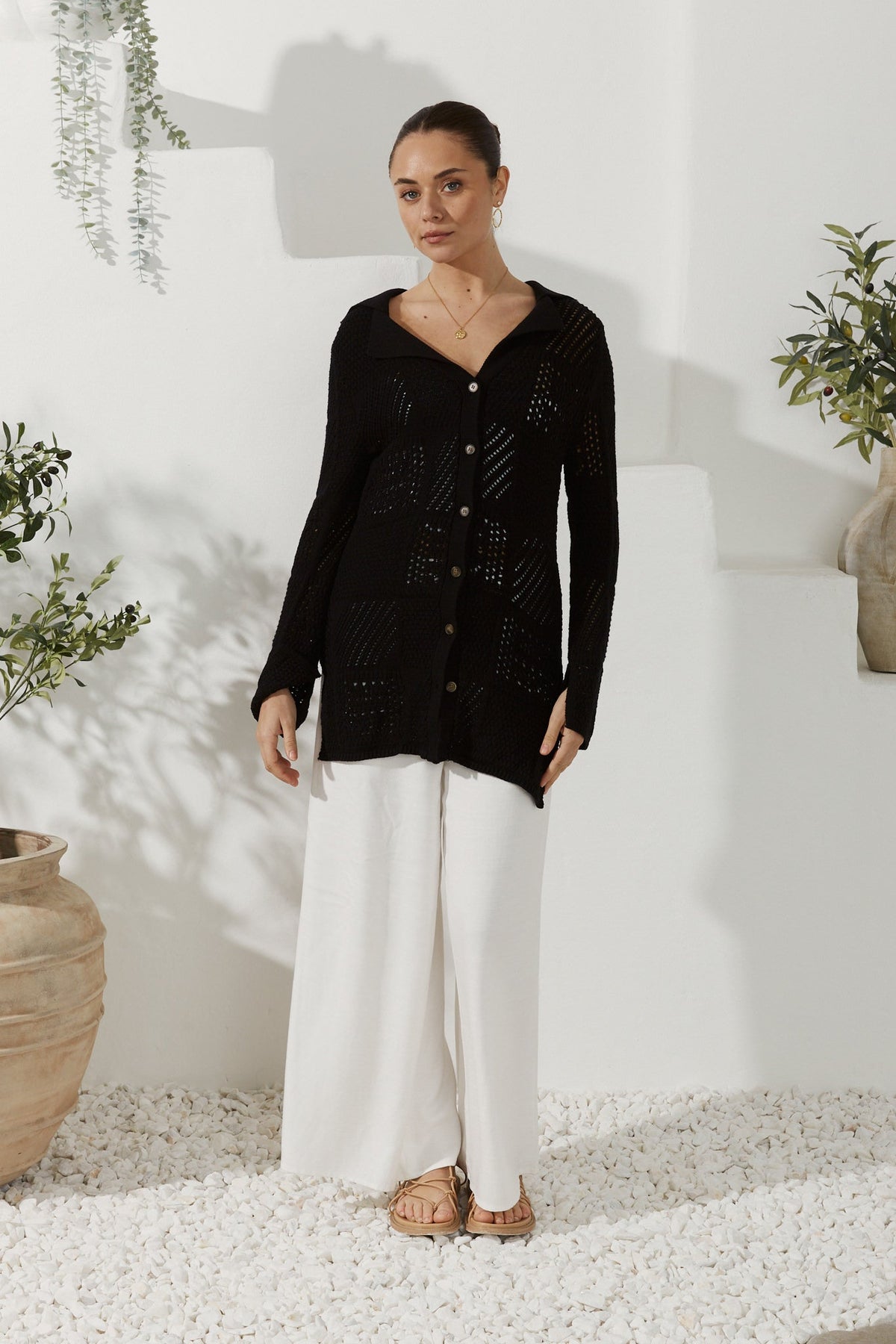 Black Crochet Knit Cardigan