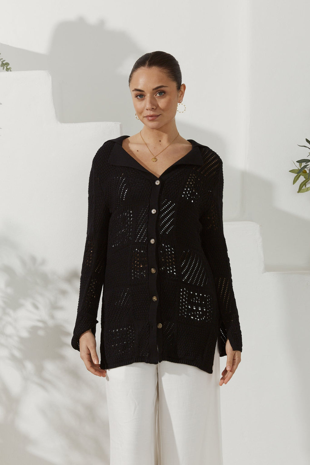 Black Crochet Knit Cardigan