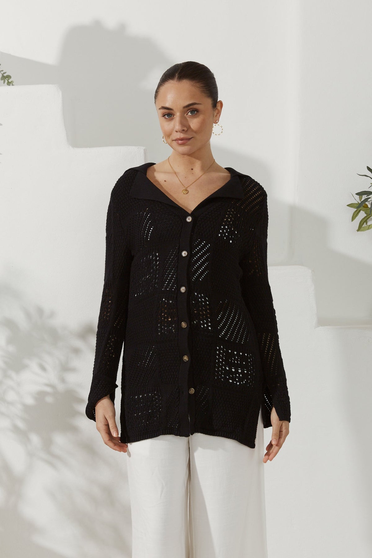 Black Crochet Knit Cardigan