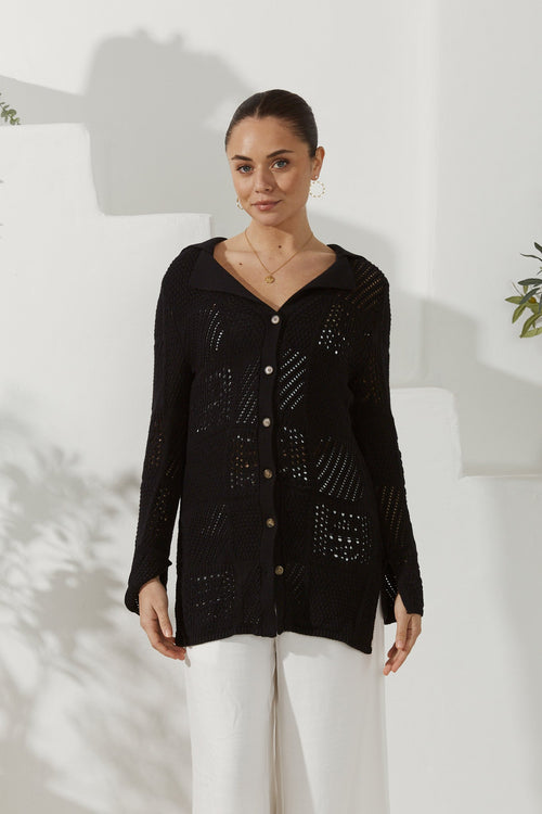 Black Crochet Knit Cardigan