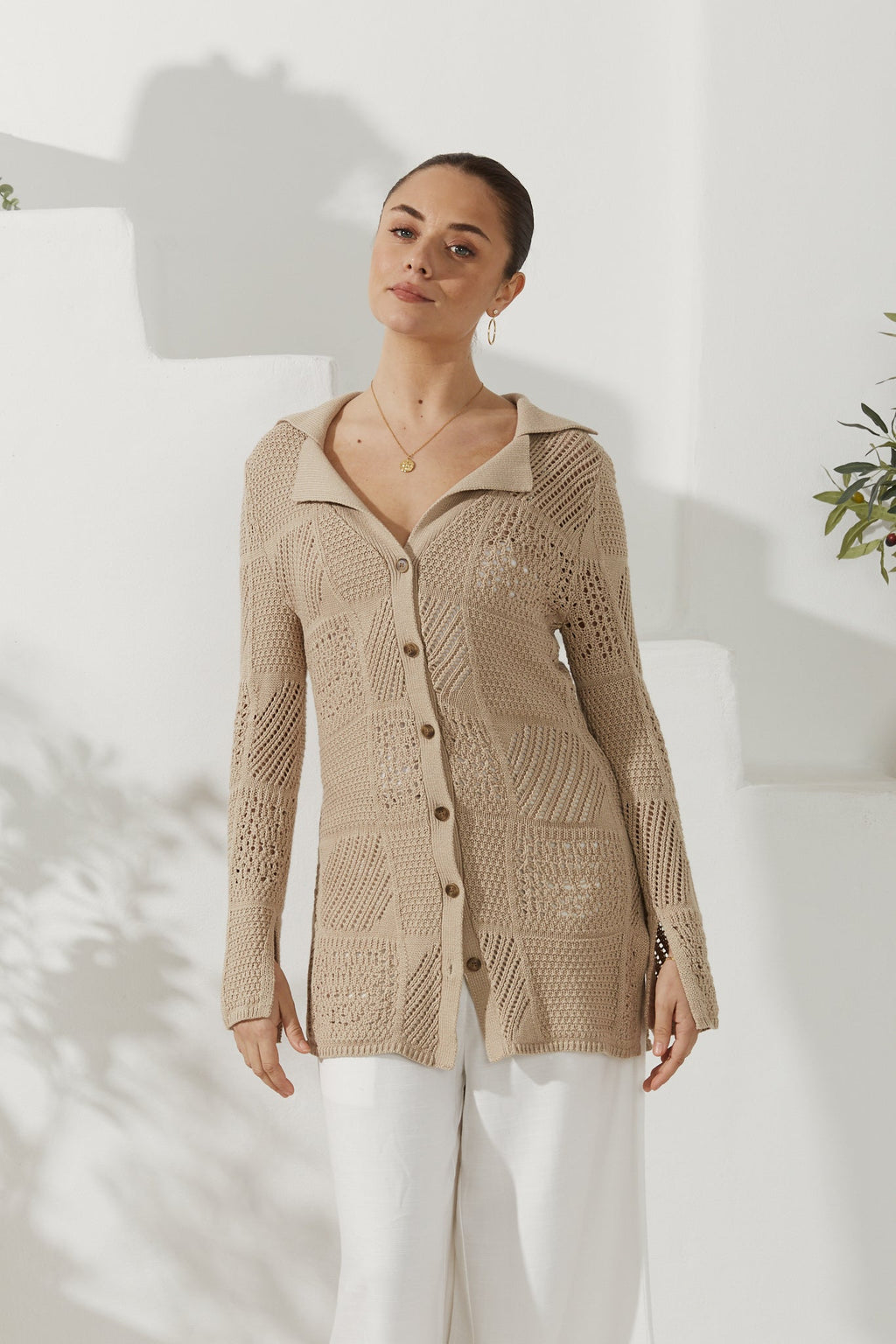 Beige Crochet Knit Cardigan