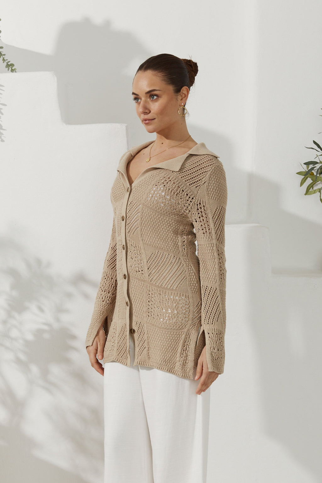Beige Crochet Knit Cardigan