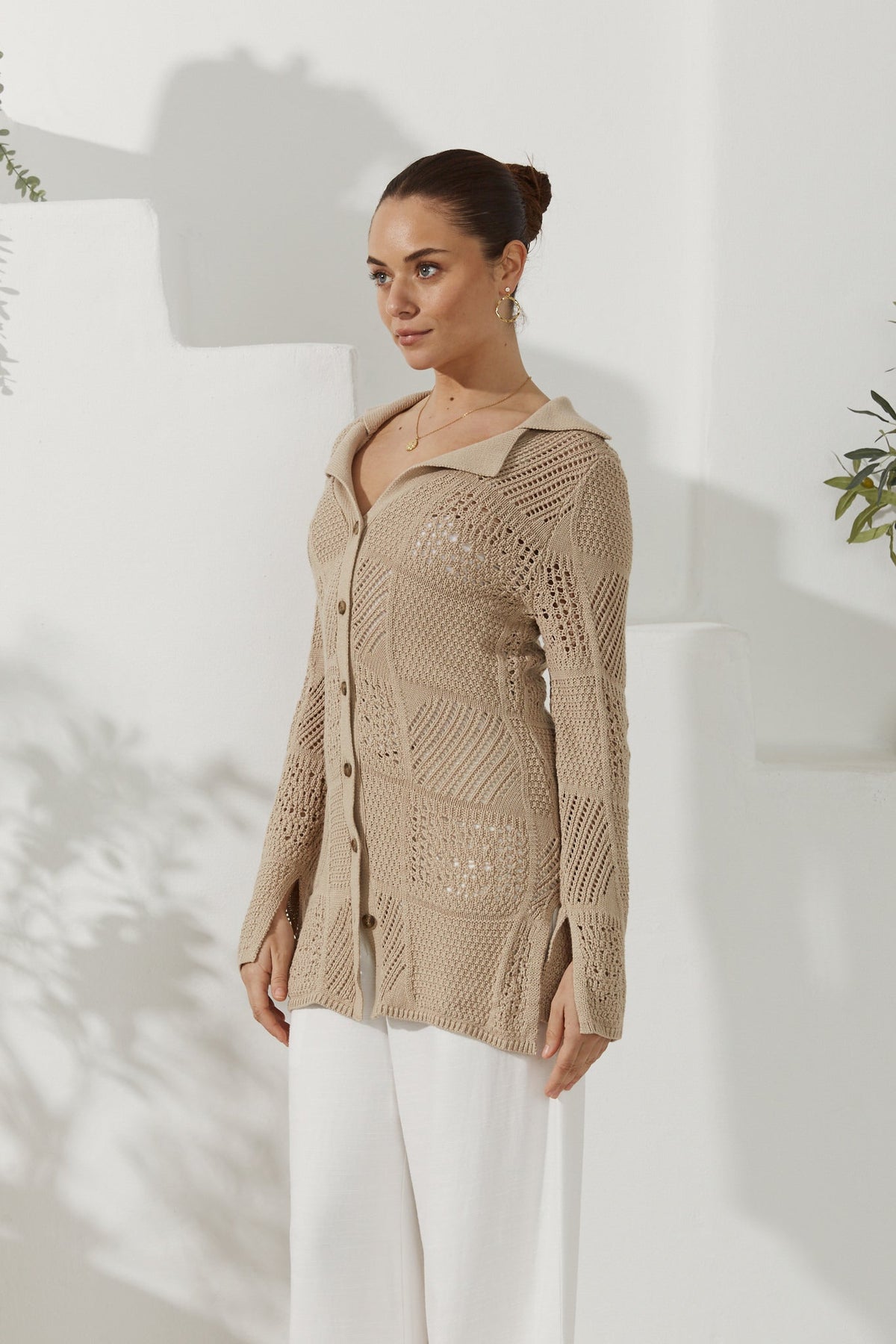 Beige Crochet Knit Cardigan