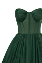 Emerald Green Strapless Puffy Midi Tulle Dress - Milla