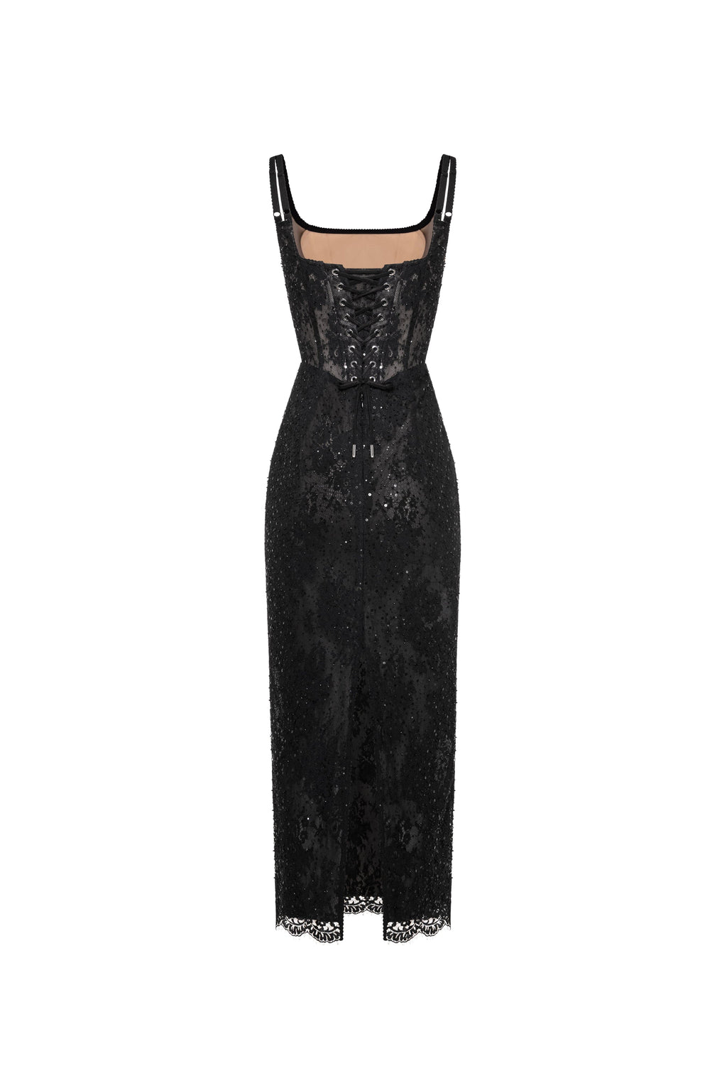 Straight-Neck Scalloped-Lace-Hem Back-Slit Party Dress