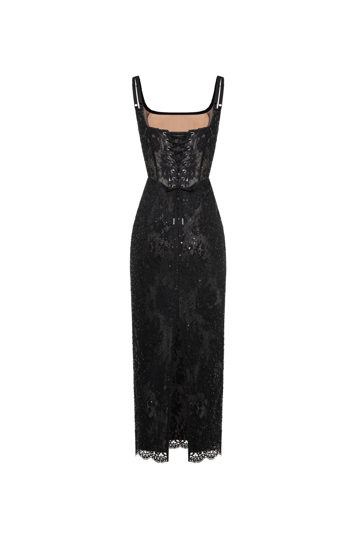 Straight-Neck Scalloped-Lace-Hem Back-Slit Party Dress