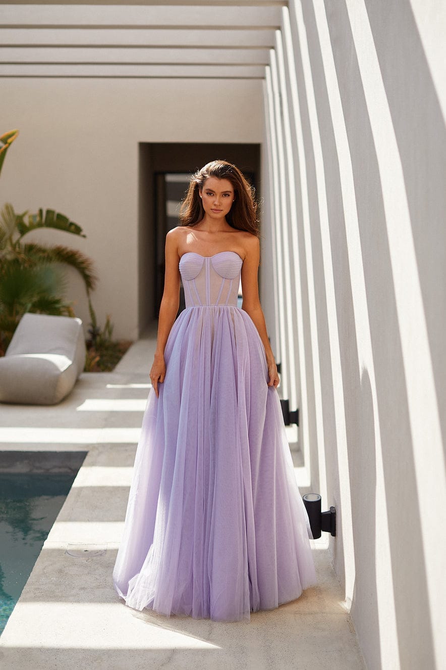 Lavender Tulle Maxi Dress with a Corset Bustier - Milla