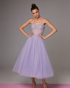 Lavender Tulle Sheer-Corset A-Line Midi Dress
