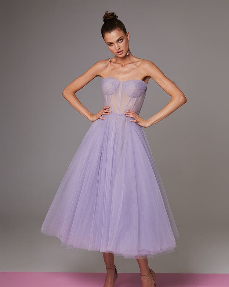 Lavender Tulle Sheer-Corset A-Line Midi Dress