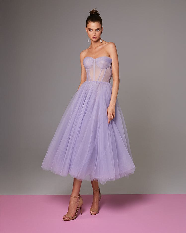 Lavender Tulle Sheer-Corset A-Line Midi Dress