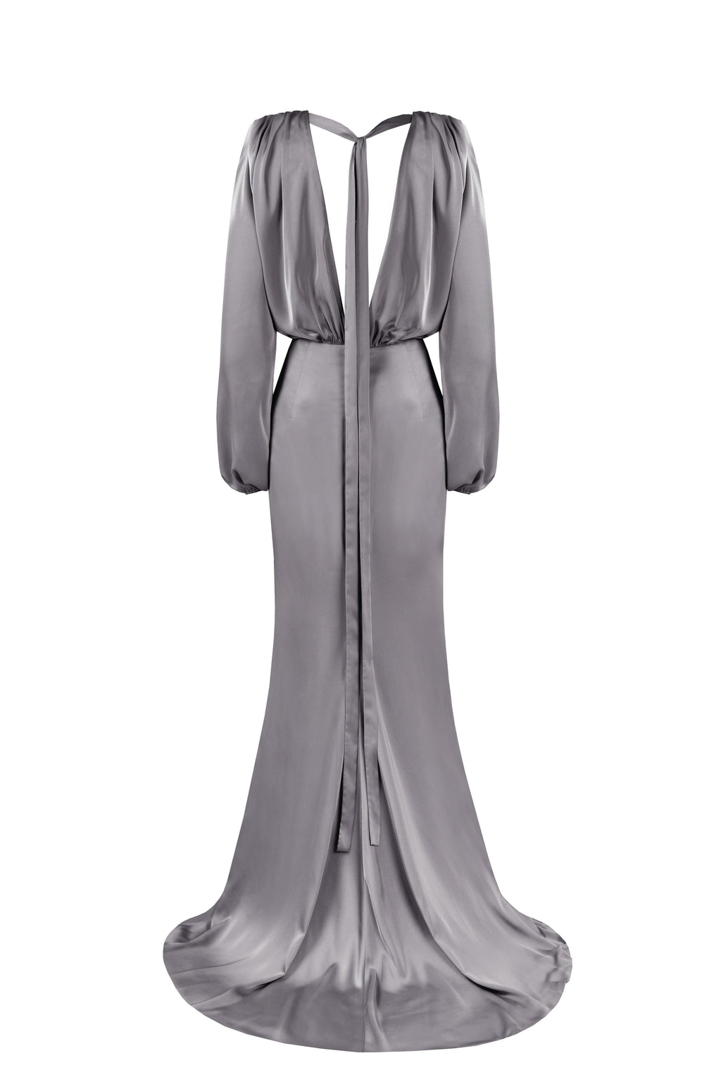 Dusty-Blue Silk Wrap-V-Neck Long-Sleeve Maxi Dress