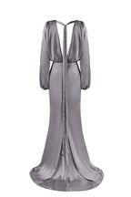 Dusty-Blue Silk Wrap-V-Neck Long-Sleeve Maxi Dress