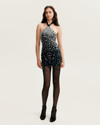 Black Lace Full-Crystal Halterneck Fitted Mini Dress