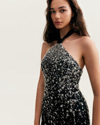 Black Lace Full-Crystal Halterneck Fitted Mini Dress