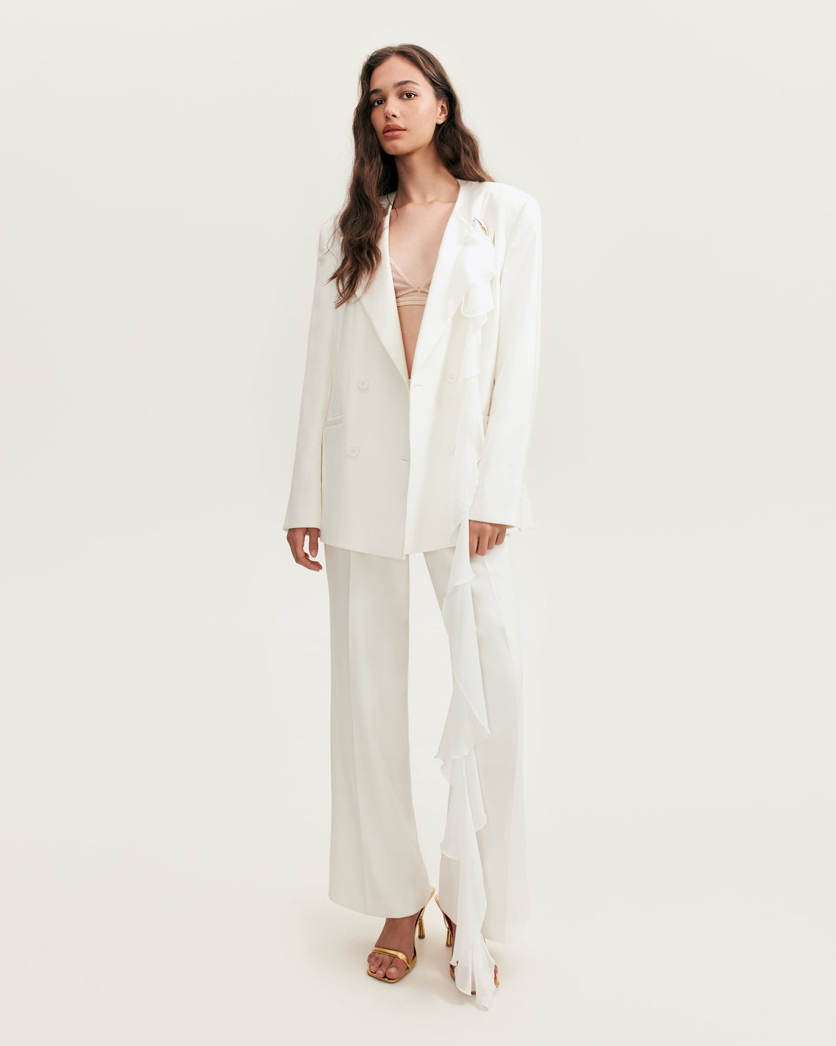 Lapel-Pocket Oversized White Boyfriend Blazer