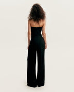 Waist-Panel Fitted Black Satin Bodysuit