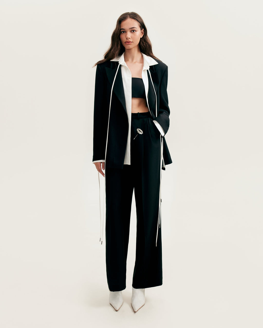 Tie-Neck Cuffed Blouson White Satin Blouse