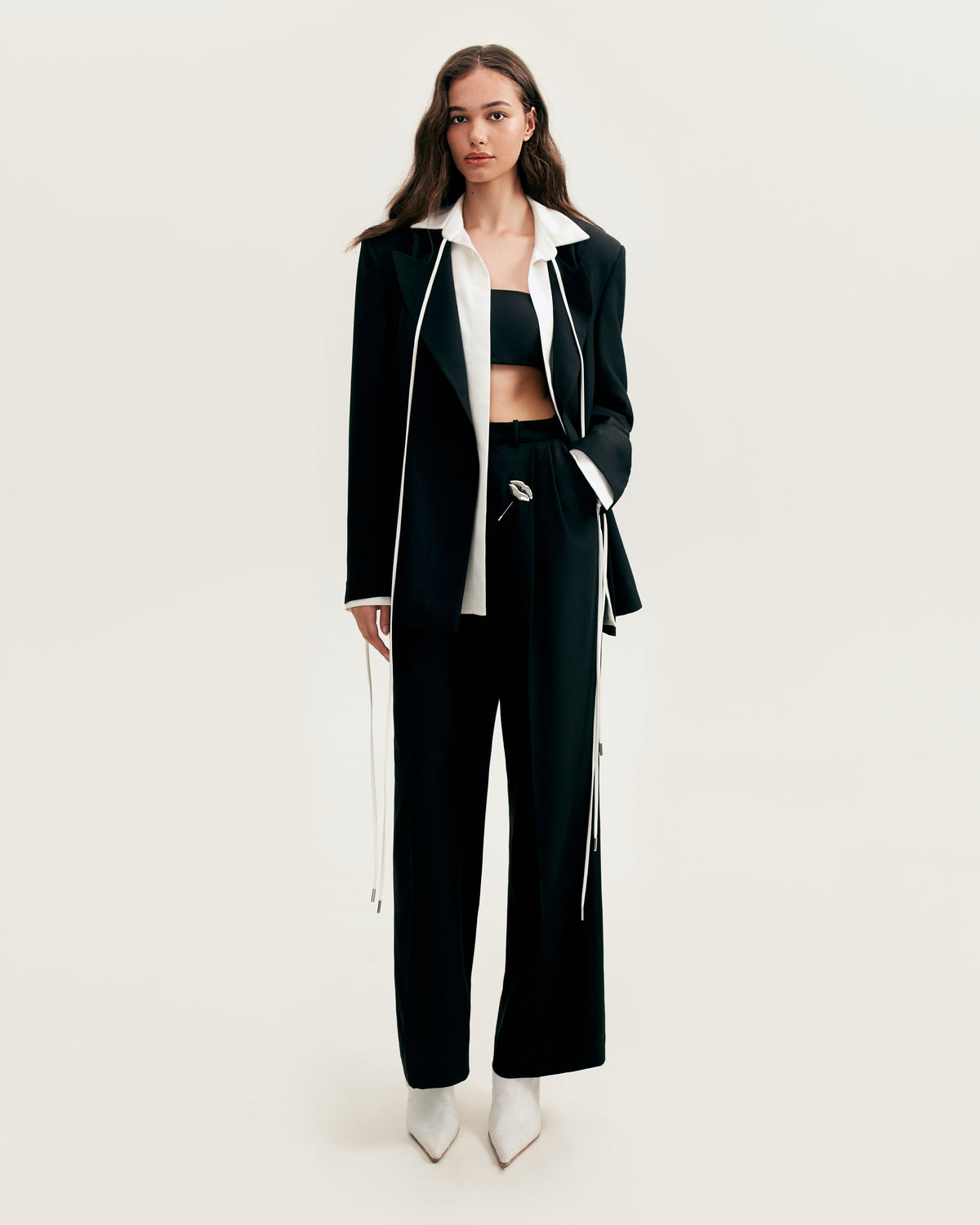 High-Waist Straight Suit-Fabric Black Pants