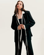 Tie-Neck Cuffed Blouson White Satin Blouse