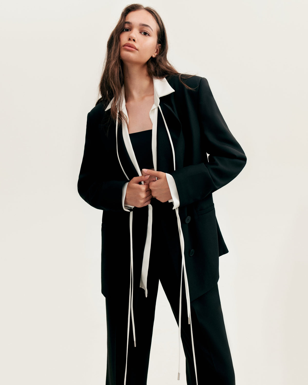 Tie-Neck Cuffed Blouson White Satin Blouse