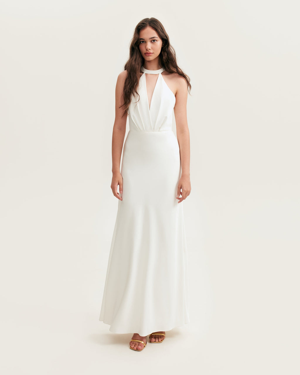 White-Satin Halter Deep-V Maxi Gown