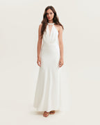 White-Satin Halter Deep-V Maxi Gown