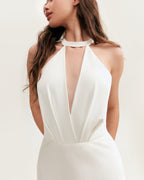 White-Satin Halter Deep-V Maxi Gown