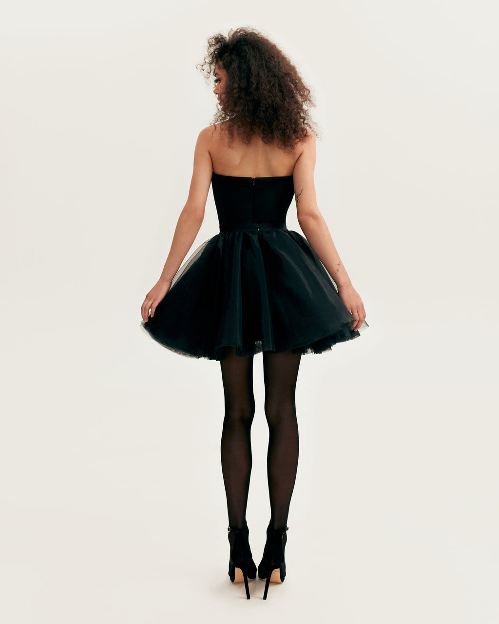 Waist-Panel Fitted Black Satin Bodysuit