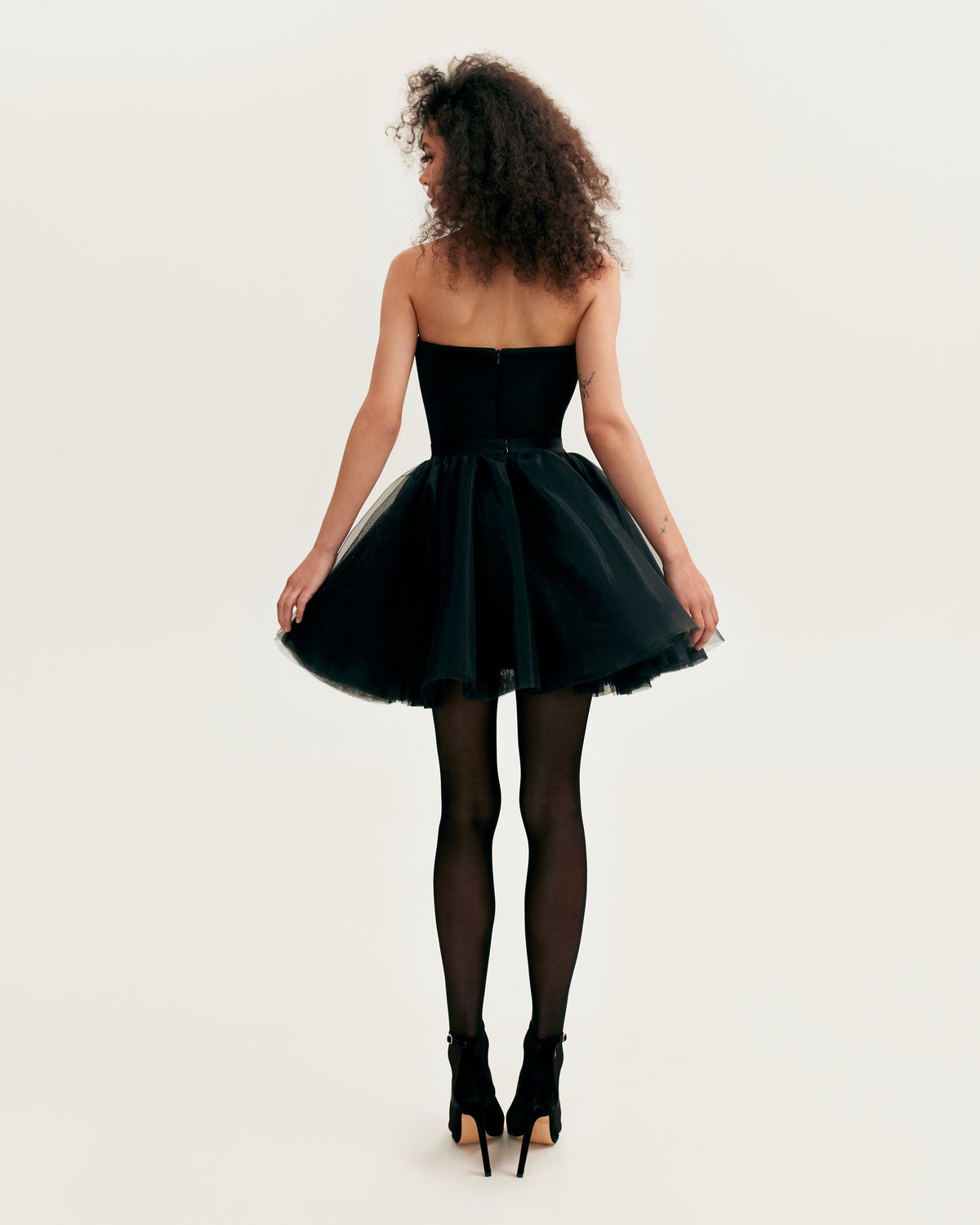Waist-Panel Fitted Black Satin Bodysuit