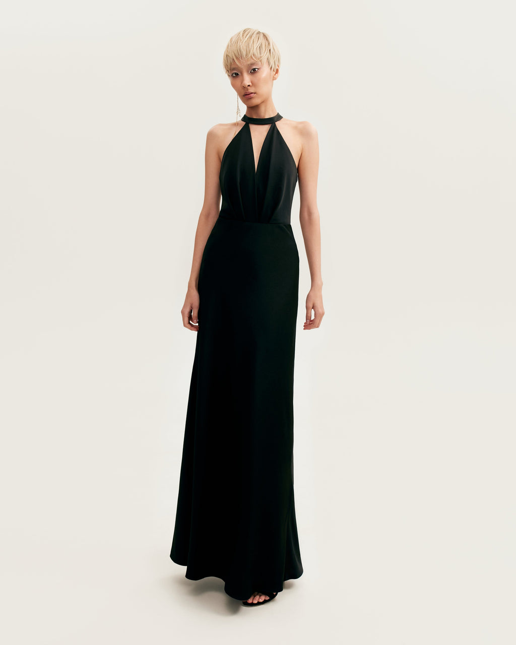 Black-Satin Halter Deep-V Maxi Gown