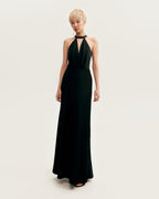 Black-Satin Halter Deep-V Maxi Gown