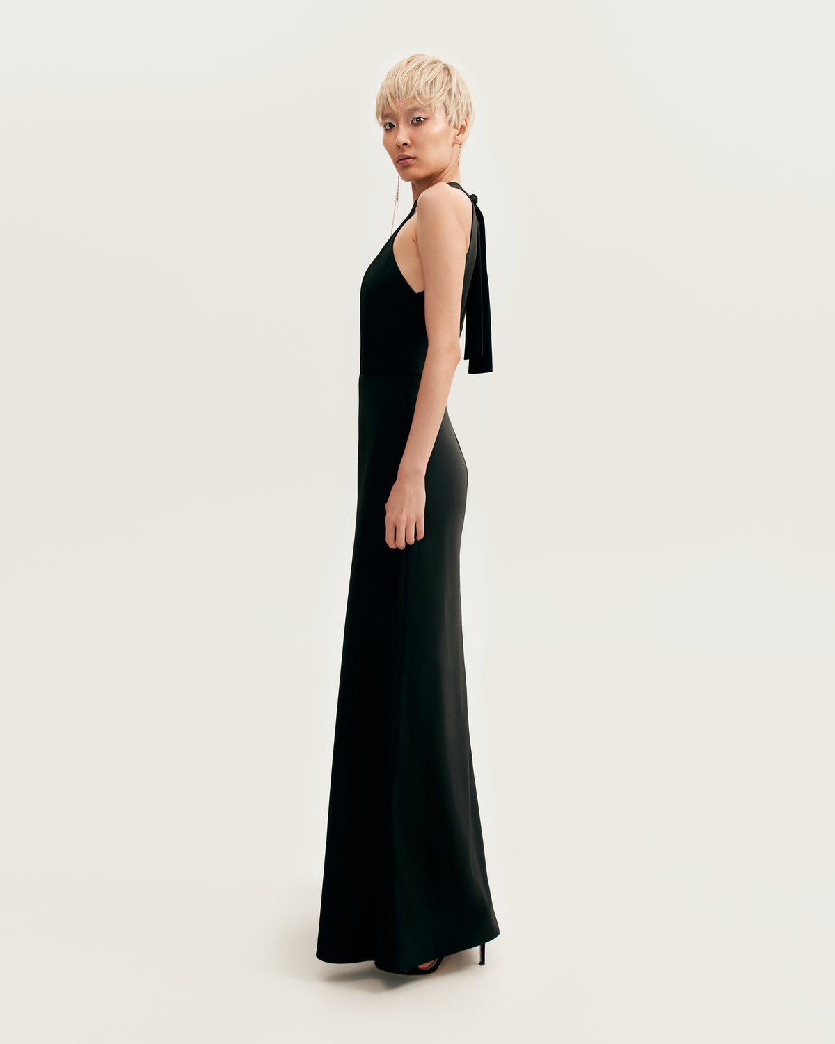 Black-Satin Halter Deep-V Maxi Gown