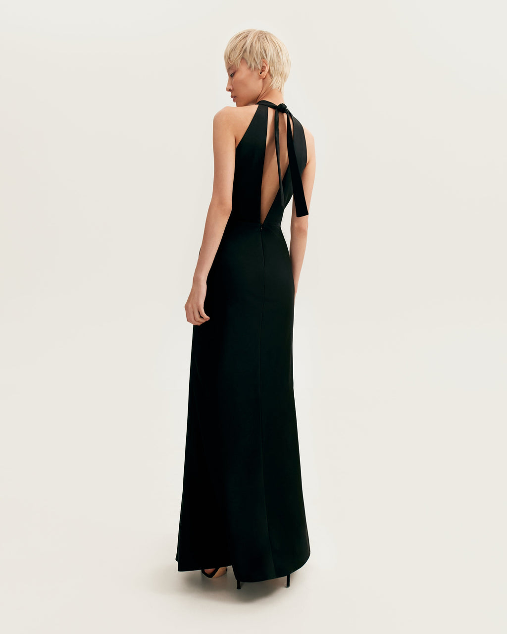 Black-Satin Halter Deep-V Maxi Gown