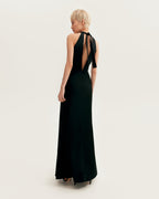 Black-Satin Halter Deep-V Maxi Gown