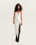 White Satin-Boned Corset Feather Midi Dress