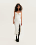 White Satin-Boned Corset Feather Midi Dress