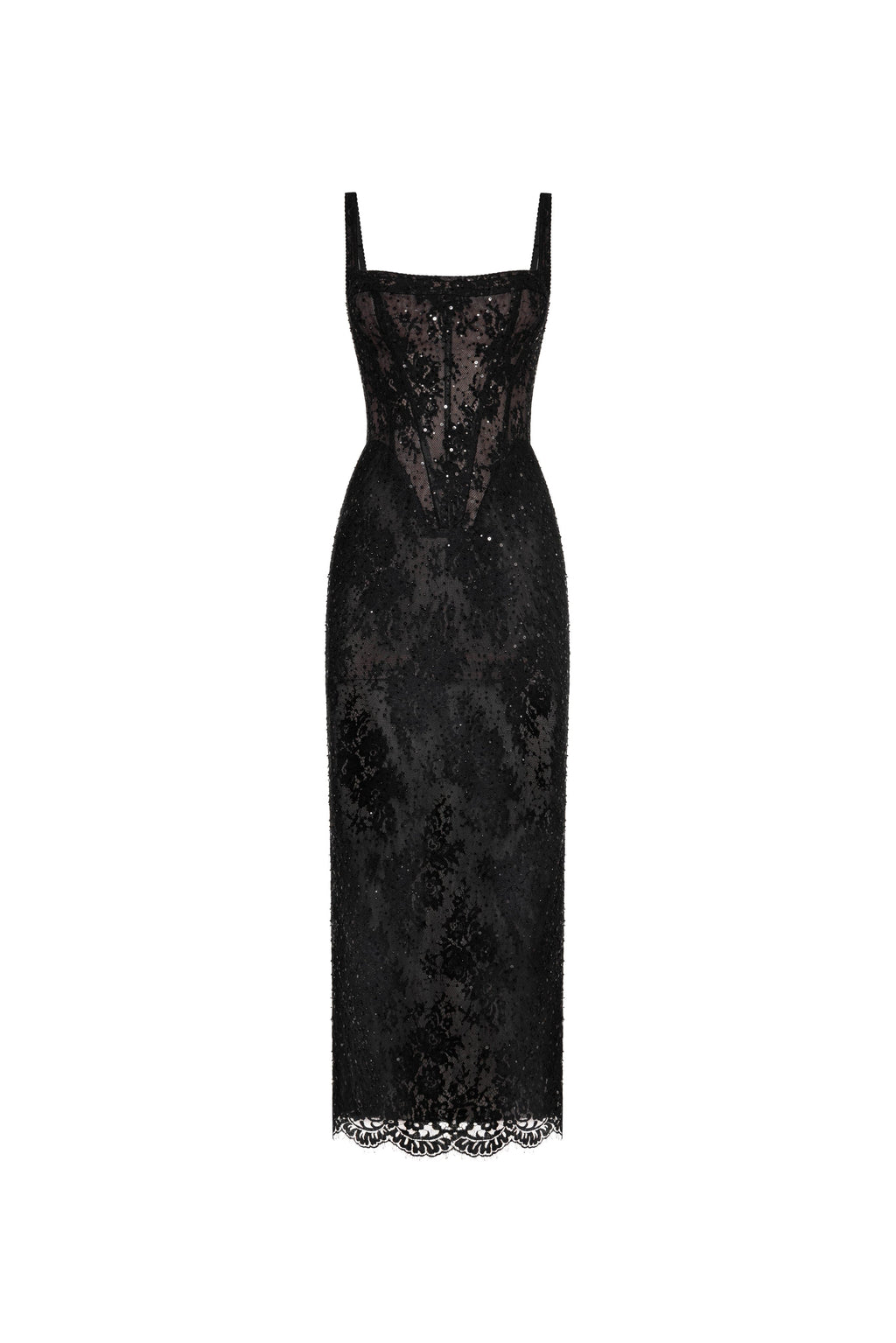 Straight-Neck Scalloped-Lace-Hem Back-Slit Party Dress