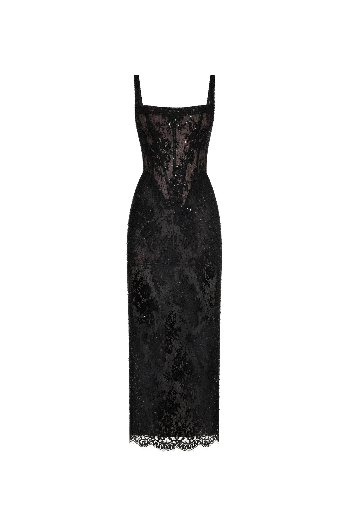 Straight-Neck Scalloped-Lace-Hem Back-Slit Party Dress